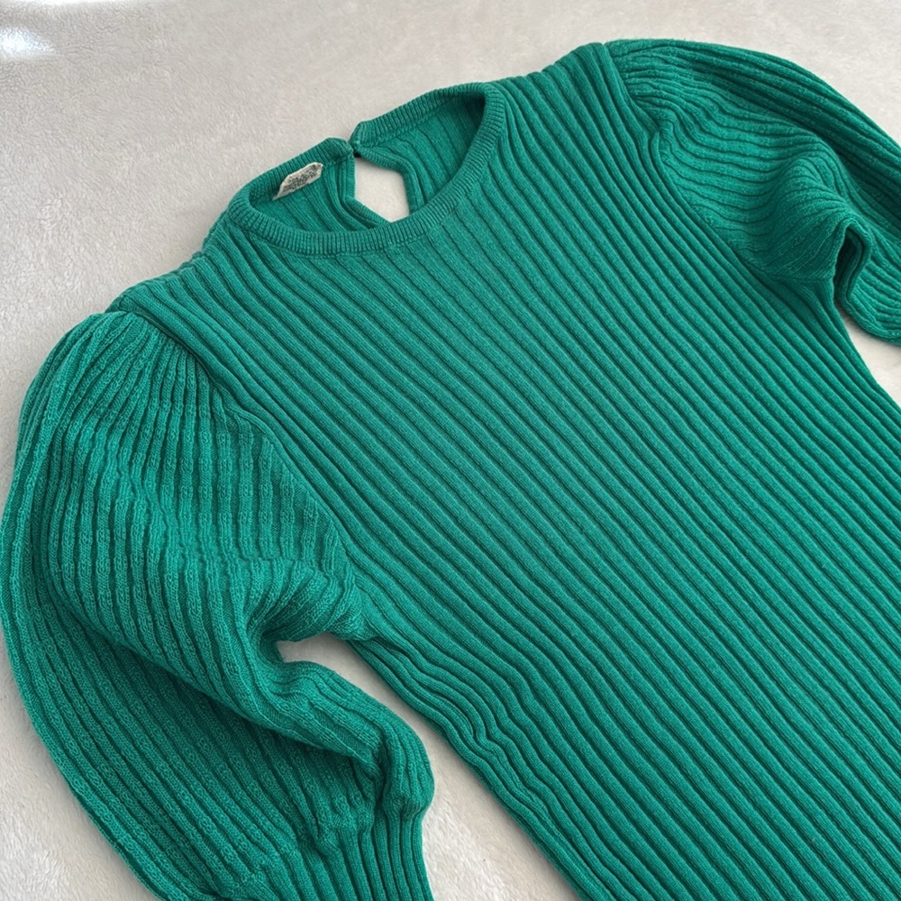 {VTG} Georgie Porgie | 70s/80s Rib Sweater Puff Sleeves Kelly Green (M) - Picture 2 of 16